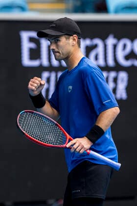 MELBOURNE, VIC - FEBRUARY 08: Marcos Giron of the United States of America celebrates after winning a game during round 1 of the 2021 Australian Open on February 8 2020, at Melbourne Park in Melbourne, Australia. (Photo by Jason Heidrich Icon Sportswire) TENNIS: FEB 08 Australian Open Icon2102081431