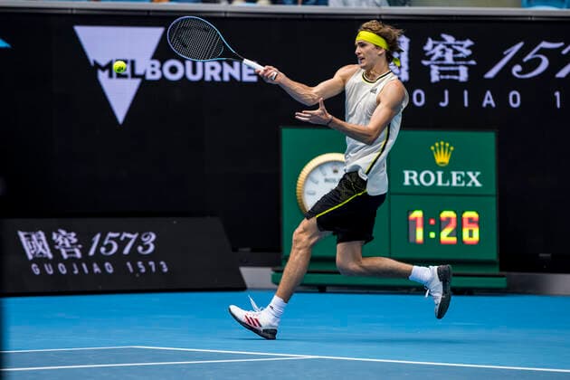 MELBOURNE, VIC - FEBRUARY 08: Alexander Zverev of Germany returns the ball during round 1 of the 2021 Australian Open on February 8 2020, at Melbourne Park in Melbourne, Australia. (Photo by Jason Heidrich Icon Sportswire) TENNIS: FEB 08 Australian Open Icon2102081561