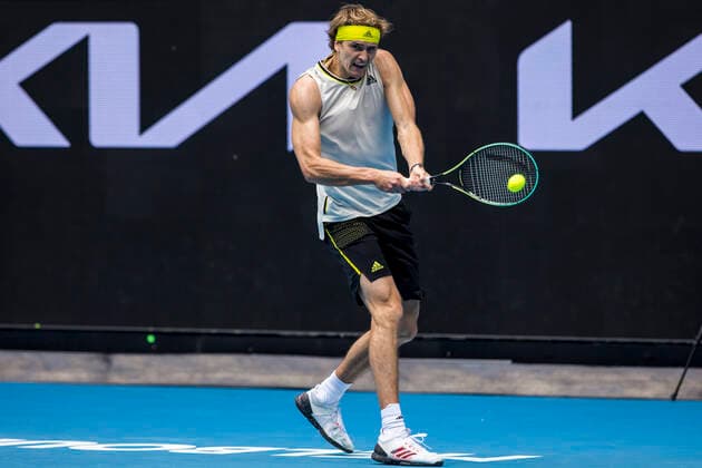 MELBOURNE, VIC - FEBRUARY 08: Alexander Zverev of Germany returns the ball during round 1 of the 2021 Australian Open on February 8 2020, at Melbourne Park in Melbourne, Australia. (Photo by Jason Heidrich Icon Sportswire) TENNIS: FEB 08 Australian Open Icon2102081581