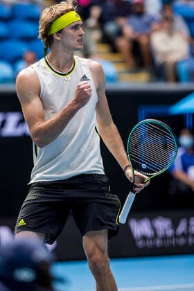 MELBOURNE, VIC - FEBRUARY 08: Alexander Zverev of Germany celebrates after winning a game during round 1 of the 2021 Australian Open on February 8 2020, at Melbourne Park in Melbourne, Australia. (Photo by Jason Heidrich Icon Sportswire) TENNIS: FEB 08 Australian Open Icon2102081781