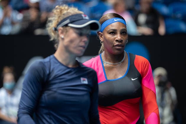 (210208) -- MELBOURNE, Feb. 8, 2021 -- Serena Williams (R) of the United States reacts during the women s singles first round match between Laura Siegemund of Germany and Serena Williams of the United States at Australian Open in Melbourne Park, in Melbourne, Australia, on Feb. 8, 2021. (Photo by Xinhua) (SP)AUSTRALIA-MELBOURNE-TENIS-AUSTRALIAN OPEN HuxJingchen 