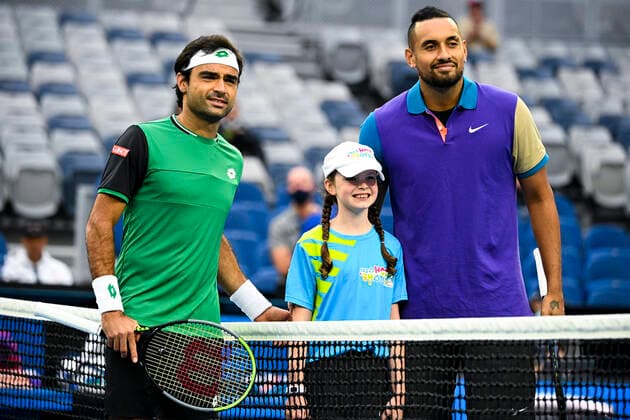 TENNIS AUSTRALIAN OPEN, Nick Kyrgios of Australia (right) and Federico Ferreira Silva of Portugal pose for photographs ahead of their first Round Men s singles match on Day 1 of the Australian Open at Melbourne Park in Melbourne, Monday, February 8, 2021. ( NO ARCHIVING, EDITORIAL USE ONLY, NO USE IN BOOKS WITHOUT CONSENT MELBOURNE VIC AUSTRALIA  Copyright: xDEANxLEWINSx 20210208001519144995