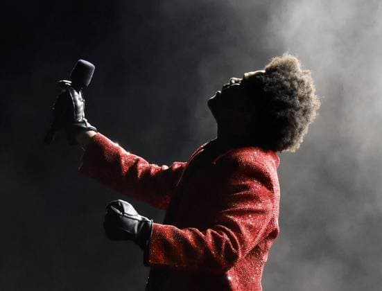 The Weeknd performs at Super Bowl LV at Raymond James Stadium in Tampa, Florida on Sunday, February 7, 2021. The Tampa Bay Buccaneers defeated the Kansas City Chiefs 31-9 and Tom Brady won his NFL, American Football Herren, USA record seventh championship.  SBP20210207912 JOHNxANGELILLO
