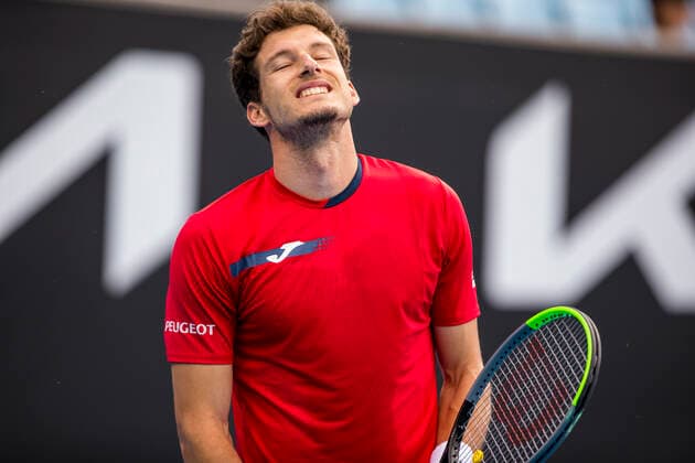 MELBOURNE, VIC - FEBRUARY 08: Pablo Carreno Busta of Spain shows his frustration during round 1 of the 2021 Australian Open on February 8 2020, at Melbourne Park in Melbourne, Australia. (Photo by Jason Heidrich Icon Sportswire) TENNIS: FEB 08 Australian Open Icon2102081921