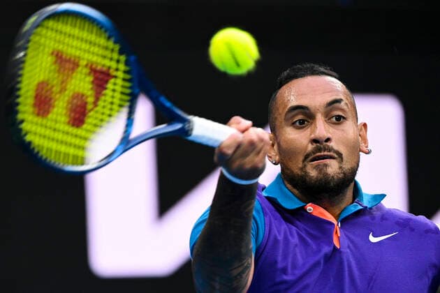 TENNIS AUSTRALIAN OPEN, Nick Kyrgios of Australia in action during his first Round Men s singles match against Federico Ferreira Silva of Portugal on Day 1 of the Australian Open at Melbourne Park in Melbourne, Monday, February 8, 2021. ( NO ARCHIVING, EDITORIAL USE ONLY, NO USE IN BOOKS WITHOUT CONSENT MELBOURNE VIC AUSTRALIA  Copyright: xDEANxLEWINSx 20210208001519146156