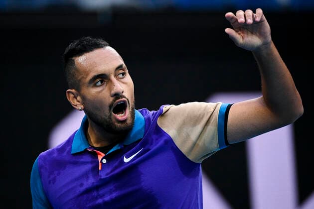 TENNIS AUSTRALIAN OPEN, Nick Kyrgios of Australia reacts during his first Round Men s singles match against Federico Ferreira Silva of Portugal on Day 1 of the Australian Open at Melbourne Park in Melbourne, Monday, February 8, 2021. ( NO ARCHIVING, EDITORIAL USE ONLY, NO USE IN BOOKS WITHOUT CONSENT MELBOURNE VIC AUSTRALIA  Copyright: xDEANxLEWINSx 20210208001519151228