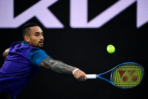 TENNIS AUSTRALIAN OPEN, Nick Kyrgios of Australia in action during his first Round Men s singles match against Federico Ferreira Silva of Portugal on Day 1 of the Australian Open at Melbourne Park in Melbourne, Monday, February 8, 2021. ( NO ARCHIVING, EDITORIAL USE ONLY, NO USE IN BOOKS WITHOUT CONSENT MELBOURNE VIC AUSTRALIA  Copyright: xDEANxLEWINSx 20210208001519151468