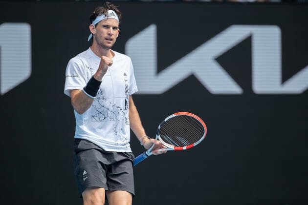 (210208) -- MELBOURNE, Feb. 8, 2021 -- Dominic Thiem celebrates during the men s singles first round match between Dominic Thiem of Austria and Mikhail Kukushkin of Kazakhstan in Melbourne Park, Melbourne, Australia on Feb. 8, 2021. (Photo by Xinhua) (SP)AUSTRALIA-MELBOURNE-TENNIS-AUSTRALIAN OPEN HuxJingchen 