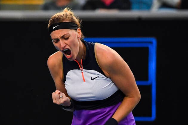 TENNIS AUSTRALIAN OPEN, Petra Kvitova of the Czech Republic reacts during her first Round Women s singles match against against Greet Minnen of Belgium on Day 1 of the Australian Open at Melbourne Park in Melbourne, Monday, February 8, 2021. ( NO ARCHIVING, EDITORIAL USE ONLY, NO USE IN BOOKS WITHOUT CONSENT MELBOURNE VIC AUSTRALIA  Copyright: xJAMESxROSSx 20210208001519170018