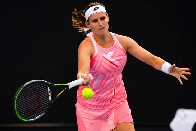 TENNIS AUSTRALIAN OPEN, Greet Minnen of Belgium in action during her first Round Women s singles match against against Petra Kvitova of the Czech Republic on Day 1 of the Australian Open at Melbourne Park in Melbourne, Monday, February 8, 2021. ( NO ARCHIVING, EDITORIAL USE ONLY, NO USE IN BOOKS WITHOUT CONSENT MELBOURNE VIC AUSTRALIA  Copyright: xJAMESxROSSx 20210208001519170505