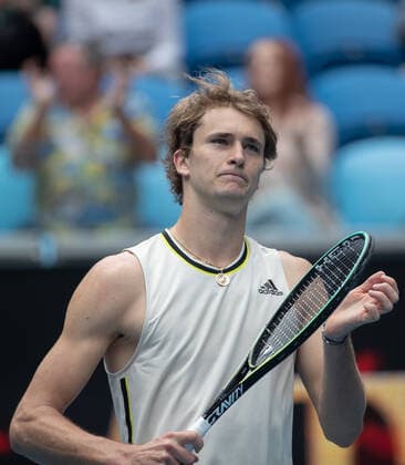 (210208) -- MELBOURNE, Feb. 8, 2021 -- Alexander Zverev of Germany celebrates after winning the men s singles first round match against Marcos Giron of the United States at the Australian Open tennis championship in Melbourne, Australia, Feb. 8, 2021. (Photo by Xinhua) (SP)AUSTRALIA-MELBOURNE-TENNIS-AUSTRALIAN OPEN-DAY 1 HuxJingchen 