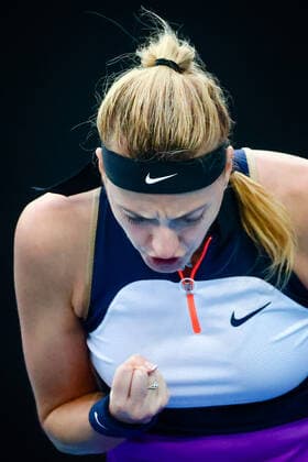 Petra Kvitova WTA, Tennis Damen 9) pictured in action during a tennis match between Belgian Minnen and Czech Kvitova, in the first round of the women s singles competition of the Australian Open tennis Grand Slam, Monday 08 February 2021 in Melbourne Park, Melbourne, Australia. The 2021 edition of the Australian Grand Slam has been delayed by three week because of the pandemy. PATRICKxHAMILTON  x2640090x