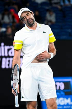 TENNIS AUSTRALIAN OPEN, Jeremy Chardy of the United States of America reacts during his first Round Men s singles match against Novak Djokovic of Serbia on Day 1 of the Australian Open at Melbourne Park in Melbourne, Monday, February 8, 2021. ( NO ARCHIVING, EDITORIAL USE ONLY, NO USE IN BOOKS WITHOUT CONSENT MELBOURNE VIC AUSTRALIA  Copyright: xDAVExHUNTx 20210208001519179465