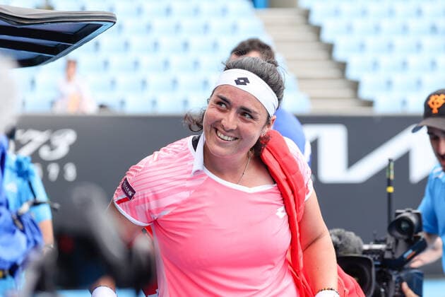 February 8, 2021: 27th seed Ons JABEUR of Tunisia chats with supporters after defeating Andrea PETKOVIC of Germany in a first round match of the 2021 Australian Open on Rod Laver Arena, in Melbourne, Australia. Cal Media. Melbourne Australia - ZUMAc04_ 20210208_zaf_c04_007 Copyright: xSydneyxLowx