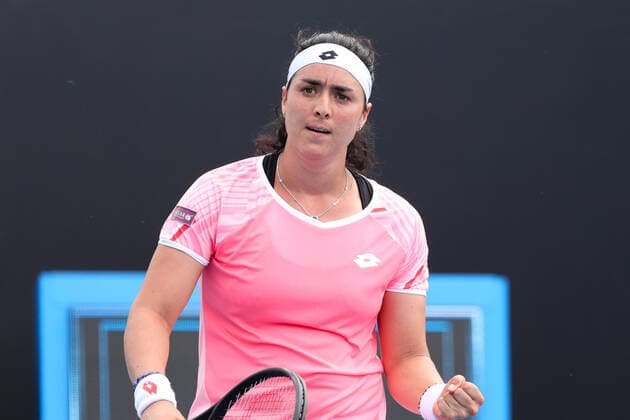 February 8, 2021: 27th seed Ons JABEUR of Tunisia reacts after defeating Andrea PETKOVIC of Germany in a first round match of the 2021 Australian Open on Rod Laver Arena, in Melbourne, Australia. Cal Media. Melbourne Australia - ZUMAc04_ 20210208_zaf_c04_008 Copyright: xSydneyxLowx