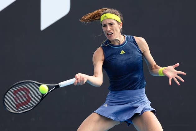 February 8, 2021: Andrea PETKOVIC of Germany in action against 27th seed Ons JABEUR of Tunisia in a first round match of the 2021 Australian Open on Rod Laver Arena, in Melbourne, Australia. Cal Media. Melbourne Australia - ZUMAc04_ 20210208_zaf_c04_021 Copyright: xSydneyxLowx