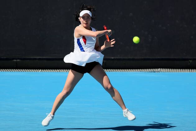 February 9, 2021: Nao HIBINO of Japan in action against Astra SHARMA of Australia in a first round match of the 2021 Australian Open on Court 3, in Melbourne, Australia. Cal Media. Melbourne Australia - ZUMAc04_ 20210209_zaf_c04_003 Copyright: xSydneyxLowx