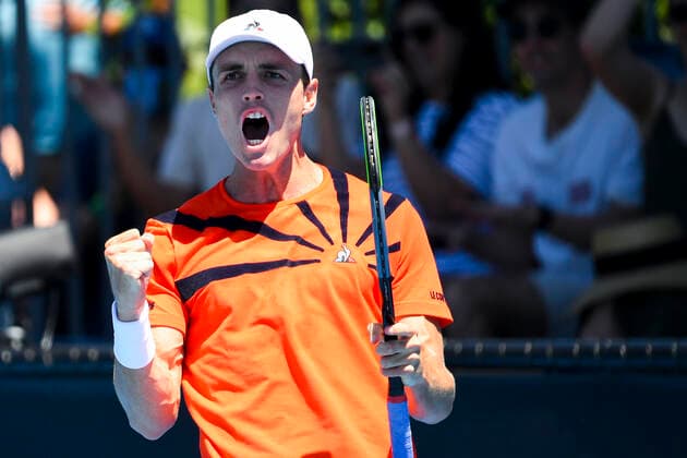 TENNIS AUSTRALIAN OPEN, Christopher O?Connell of Australia celebrates after winning his first Round Men s singles match against Jan Lennard Struff of Germany on Day 2 of the Australian Open at Melbourne Park in Melbourne, Tuesday, February 9, 2021. ( NO ARCHIVING, EDITORIAL USE ONLY, NO USE IN BOOKS WITHOUT CONSENT MELBOURNE VIC AUSTRALIA  Copyright: xJAMESxROSSx 20210209001519316555