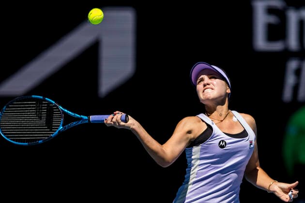 MELBOURNE, VIC - FEBRUARY 09: Sofia Kenin of the United States of America returns the ball during round 1 of the 2021 Australian Open on February 9 2020, at Melbourne Park in Melbourne, Australia. (Photo by Jason Heidrich Icon Sportswire) TENNIS: FEB 09 Australian Open Icon2102090222