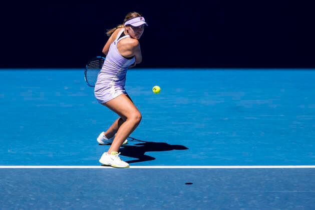 MELBOURNE, VIC - FEBRUARY 09: Sofia Kenin of the United States of America returns the ball during round 1 of the 2021 Australian Open on February 9 2020, at Melbourne Park in Melbourne, Australia. (Photo by Jason Heidrich Icon Sportswire) TENNIS: FEB 09 Australian Open Icon2102090342