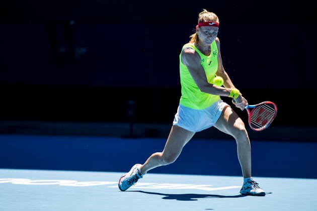 MELBOURNE, VIC - FEBRUARY 09: Marie Bouzkova of the Czech Republic returns the ball during round 1 of the 2021 Australian Open on February 9 2020, at Melbourne Park in Melbourne, Australia. (Photo by Jason Heidrich Icon Sportswire) TENNIS: FEB 09 Australian Open Icon2102090652
