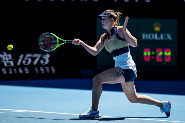 MELBOURNE, VIC - FEBRUARY 09: Elina Svitolina of Ukraine returns the ball during round 1 of the 2021 Australian Open on February 9 2020, at Melbourne Park in Melbourne, Australia. (Photo by Jason Heidrich Icon Sportswire) TENNIS: FEB 09 Australian Open Icon2102090672