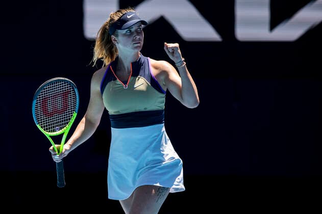 MELBOURNE, VIC - FEBRUARY 09: Elina Svitolina of Ukraine celebrates after winning a game during round 1 of the 2021 Australian Open on February 9 2020, at Melbourne Park in Melbourne, Australia. (Photo by Jason Heidrich Icon Sportswire) TENNIS: FEB 09 Australian Open Icon2102090692