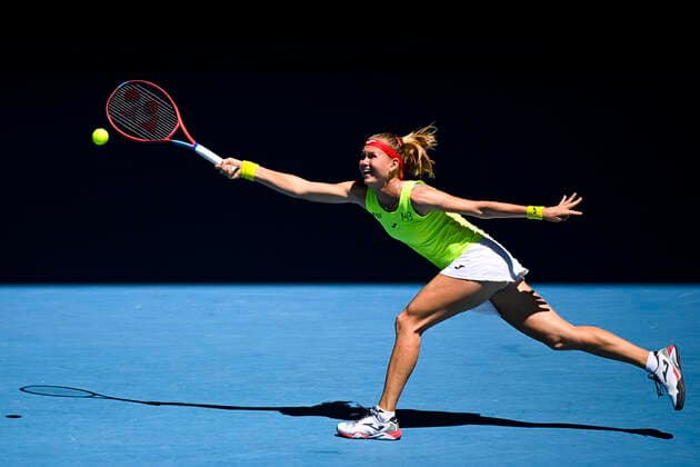 TENNIS AUSTRALIAN OPEN, Marie Bouzkova of the Czech Republic in action during her first Round Women s singles match against Elina Svitolina of Ukraine on Day 2 of the Australian Open at Melbourne Park in Melbourne, Tuesday, February 9, 2021. ( NO ARCHIVING, EDITORIAL USE ONLY, NO USE IN BOOKS WITHOUT CONSENT MELBOURNE VIC AUSTRALIA  Copyright: xDEANxLEWINSx 20210209001519326482