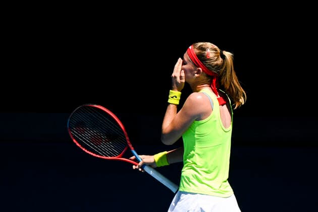 TENNIS AUSTRALIAN OPEN, Marie Bouzkova of the Czech Republic reacts during her first Round Women s singles match against Elina Svitolina of Ukraine on Day 2 of the Australian Open at Melbourne Park in Melbourne, Tuesday, February 9, 2021. ( NO ARCHIVING, EDITORIAL USE ONLY, NO USE IN BOOKS WITHOUT CONSENT MELBOURNE VIC AUSTRALIA  Copyright: xDEANxLEWINSx 20210209001519326685