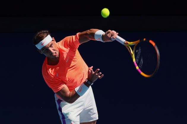 February 9, 2021: 2nd seed Rafael NADAL of Spain in action against Laslo DJERE of Serbia in a 1st round match of the 2021 Australian Open on Rod Laver Arena, in Melbourne, Australia. Cal Media. Melbourne Australia - ZUMAc04_ 20210209_zaf_c04_018 Copyright: xSydneyxLowx