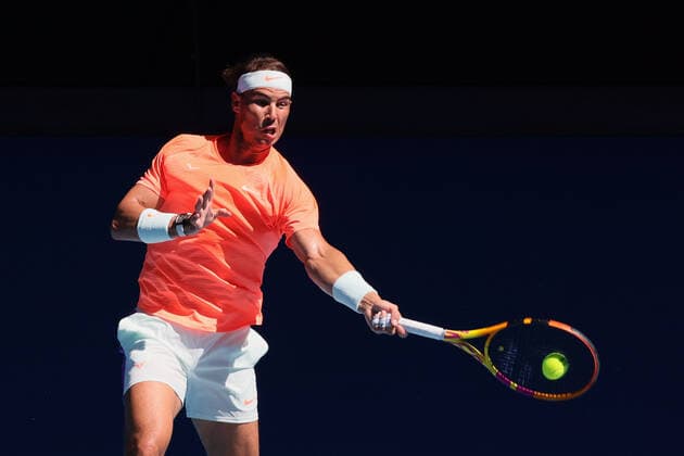 February 9, 2021: 2nd seed Rafael NADAL of Spain in action against Laslo DJERE of Serbia in a 1st round match of the 2021 Australian Open on Rod Laver Arena, in Melbourne, Australia. Cal Media. Melbourne Australia - ZUMAc04_ 20210209_zaf_c04_019 Copyright: xSydneyxLowx