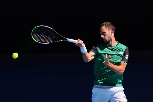 February 9, 2021: Laslo DJERE of Serbia in action against 2nd seed Rafael NADAL of Spain in a 1st round match of the 2021 Australian Open on Rod Laver Arena, in Melbourne, Australia. Cal Media. Melbourne Australia - ZUMAc04_ 20210209_zaf_c04_023 Copyright: xSydneyxLowx