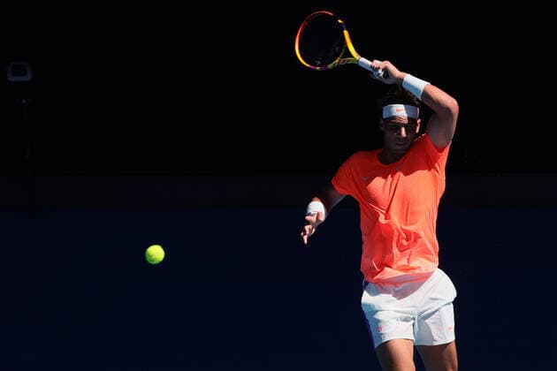February 9, 2021: 2nd seed Rafael NADAL of Spain in action against Laslo DJERE of Serbia in a 1st round match of the 2021 Australian Open on Rod Laver Arena, in Melbourne, Australia. Cal Media. Melbourne Australia - ZUMAc04_ 20210209_zaf_c04_028 Copyright: xSydneyxLowx