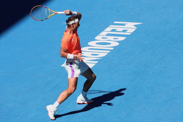 February 9, 2021: 2nd seed Rafael NADAL of Spain in action against Laslo DJERE of Serbia in a 1st round match of the 2021 Australian Open on Rod Laver Arena, in Melbourne, Australia. Cal Media. Melbourne Australia - ZUMAc04_ 20210209_zaf_c04_031 Copyright: xSydneyxLowx