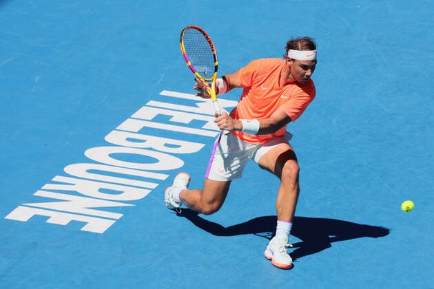 February 9, 2021: 2nd seed Rafael NADAL of Spain in action against Laslo DJERE of Serbia in a 1st round match of the 2021 Australian Open on Rod Laver Arena, in Melbourne, Australia. Cal Media. Melbourne Australia - ZUMAc04_ 20210209_zaf_c04_032 Copyright: xSydneyxLowx