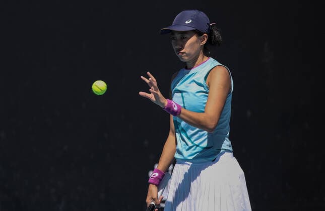 (210209) -- MELBOURNE, Feb. 9, 2021 -- Zhang Shuai of China reacts during the women s singles first round match between Zhang Shuai of China and Ann Li of the United States at Australian Open in Melbourne Park, Melbourne, Australia on Feb. 9, 2021. ) (SP)AUSTRALIA-MELBOURNE-TENNIS-AUSTRALIAN OPEN-DAY 2 BaixXuefei 