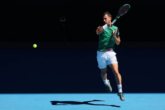 February 9, 2021: Laslo DJERE of Serbia in action against 2nd seed Rafael NADAL of Spain in a 1st round match of the 2021 Australian Open on Rod Laver Arena, in Melbourne, Australia. Cal Media. Melbourne Australia - ZUMAc04_ 20210209_zaf_c04_042 Copyright: xSydneyxLowx