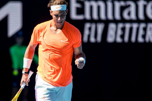 MELBOURNE, VIC - FEBRUARY 09: Rafael Nadal of Spain celebrates after winning a game during round 1 of the 2021 Australian Open on February 9 2020, at Melbourne Park in Melbourne, Australia. (Photo by Jason Heidrich Icon Sportswire) TENNIS: FEB 09 Australian Open Icon2102091172