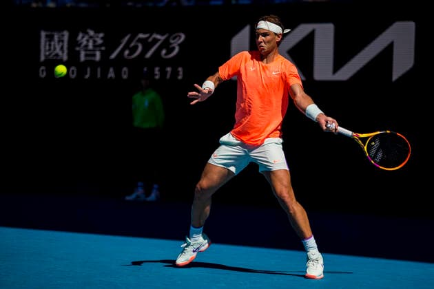 MELBOURNE, VIC - FEBRUARY 09: Rafael Nadal of Spain returns the ball during round 1 of the 2021 Australian Open on February 9 2020, at Melbourne Park in Melbourne, Australia. (Photo by Jason Heidrich Icon Sportswire) TENNIS: FEB 09 Australian Open Icon2102091192