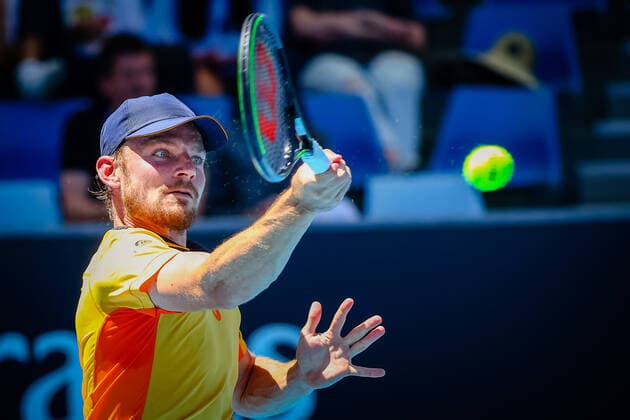 Sport Bilder des Tages David Goffin ATP, Tennis Herren 11) pictured in action during a tennis match between Belgian Goffin and Australian Popyrin, in the first round of the men s singles competition of the Australian Open tennis Grand Slam, Tuesday 09 February 2021 in Melbourne Park, Melbourne, Australia. The 2021 edition of the Australian Grand Slam has been delayed by three weeks because of the pandemic. PATRICKxHAMILTON  x2640569x