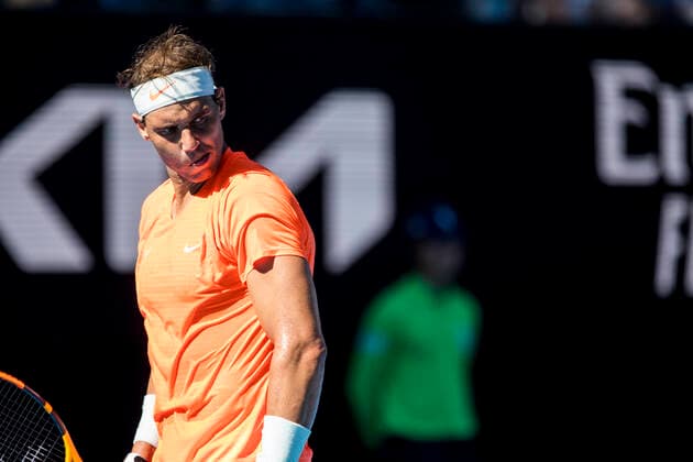 MELBOURNE, VIC - FEBRUARY 09: Rafael Nadal of Spain looks at the court in disbelief of the previous period of play during round 1 of the 2021 Australian Open on February 9 2020, at Melbourne Park in Melbourne, Australia. (Photo by Jason Heidrich Icon Sportswire) TENNIS: FEB 09 Australian Open Icon2102091452