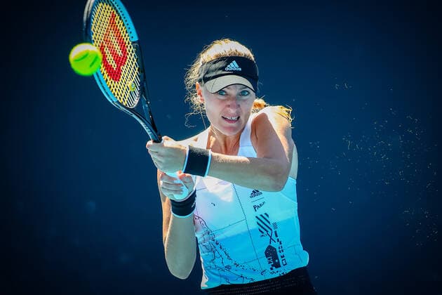 Kristina Mladenovic WTA, Tennis Damen 52) pictured in action during a tennis match between French Mladenovic and Greek Sakkariz, in the first round of the women s singles competition of the Australian Open tennis Grand Slam, Tuesday 09 February 2021 in Melbourne Park, Melbourne, Australia. The 2021 edition of the Australian Grand Slam has been delayed by three weeks because of the pandemic. PATRICKxHAMILTON  x2640620x