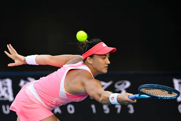 TENNIS AUSTRALIAN OPEN, Danka Kovinic of Montenegro in action during her first Round Women s singles match against Ashleigh Barty of Australia on Day 2 of the Australian Open at Melbourne Park in Melbourne, Tuesday, February 9, 2021. ( NO ARCHIVING, EDITORIAL USE ONLY, NO USE IN BOOKS WITHOUT CONSENT MELBOURNE VIC AUSTRALIA  Copyright: xDEANxLEWINSx 20210209001519355427
