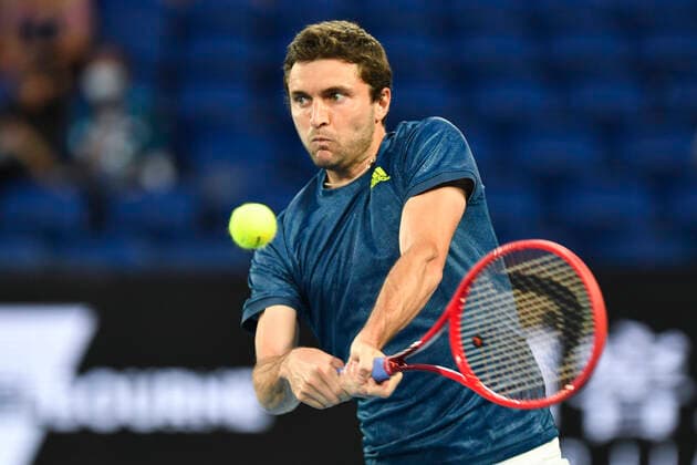 TENNIS AUSTRALIAN OPEN, Gilles Simon of France in action during his first Round Men s singles match against Stefanos Tsitsipas of Greece on Day 2 of the Australian Open at Melbourne Park in Melbourne, Tuesday, February 9, 2021. ( NO ARCHIVING, EDITORIAL USE ONLY, NO USE IN BOOKS WITHOUT CONSENT MELBOURNE VIC AUSTRALIA  Copyright: xDEANxLEWINSx 20210209001519363984