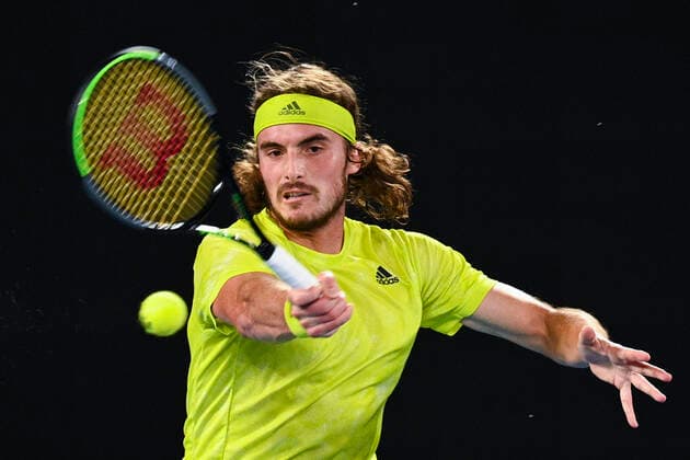 TENNIS AUSTRALIAN OPEN, Stefanos Tsitsipas of Greece in action during his first Round Men s singles match against Gilles Simon of France on Day 2 of the Australian Open at Melbourne Park in Melbourne, Tuesday, February 9, 2021. ( NO ARCHIVING, EDITORIAL USE ONLY, NO USE IN BOOKS WITHOUT CONSENT MELBOURNE VIC AUSTRALIA  Copyright: xDEANxLEWINSx 20210209001519364215