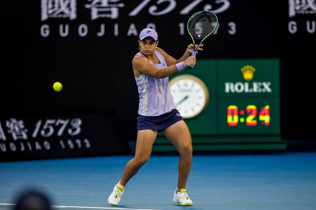 MELBOURNE, VIC - FEBRUARY 09: Ashleigh Barty of Australia returns the ball during round 1 of the 2021 Australian Open on February 9 2020, at Melbourne Park in Melbourne, Australia. (Photo by Jason Heidrich Icon Sportswire) TENNIS: FEB 09 Australian Open Icon2102091802