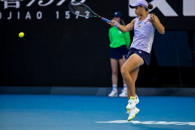 MELBOURNE, VIC - FEBRUARY 09: Ashleigh Barty of Australia returns the ball during round 1 of the 2021 Australian Open on February 9 2020, at Melbourne Park in Melbourne, Australia. (Photo by Jason Heidrich Icon Sportswire) TENNIS: FEB 09 Australian Open Icon2102091822