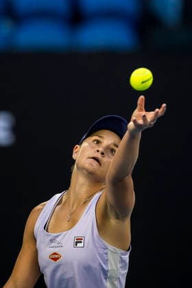 MELBOURNE, VIC - FEBRUARY 09: Ashleigh Barty of Australia serves the ball during round 1 of the 2021 Australian Open on February 9 2020, at Melbourne Park in Melbourne, Australia. (Photo by Jason Heidrich Icon Sportswire) TENNIS: FEB 09 Australian Open Icon2102091992