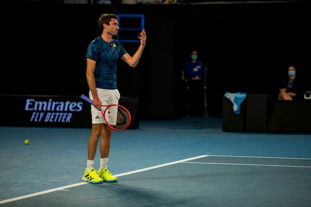 MELBOURNE, VIC - FEBRUARY 09: Gilles Simon of France shows his frustration after losing a game during round 1 of the 2021 Australian Open on February 9 2020, at Melbourne Park in Melbourne, Australia. (Photo by Jason Heidrich Icon Sportswire) TENNIS: FEB 09 Australian Open Icon2102092262