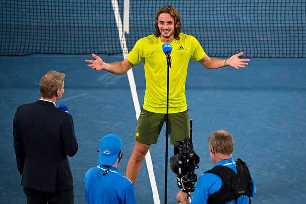 TENNIS AUSTRALIAN OPEN, Stefanos Tsitsipas of Greece gives a post match interview after winning his first Round Men s singles match against Gilles Simon of France on Day 2 of the Australian Open at Melbourne Park in Melbourne, Tuesday, February 9, 2021. ( NO ARCHIVING, EDITORIAL USE ONLY, NO USE IN BOOKS WITHOUT CONSENT MELBOURNE VIC AUSTRALIA  Copyright: xDEANxLEWINSx 20210209001519373069
